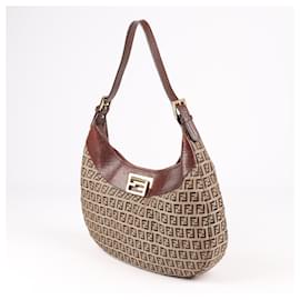 Fendi-Fendi Zucchino Canvas Leather Shoulder Bag in Beige (8BR552)-Brown