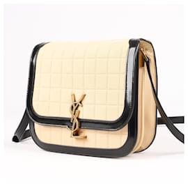 Saint Laurent-Bolsa de ombro envernizada Saint Laurent Paris Solferino em couro preto e bege (733704)-Bege