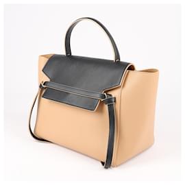 Céline-CELINE Smooth Calfskin Mini Bi-Color Belt 2Way Handbag in Beige-Beige