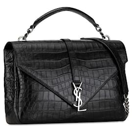 Yves Saint Laurent-Yves Saint Laurent Embossed Leather College Bag Leather Handbag 428101 in good condition-Black