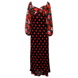 Autre Marque-Rixo Josephine Polka-dot Dress in Black and Red Silk-Red