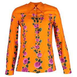 Gucci-Gucci Rose-Print Button-Down Shirt in Orange Silk-Orange