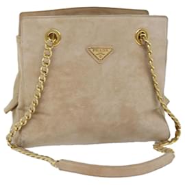 Prada-PRADA Chain Shoulder Bag Suede Beige Auth 76982-Beige