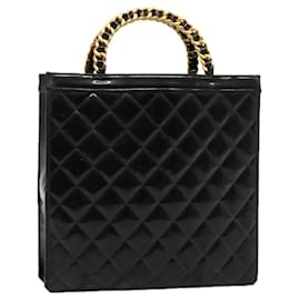 Chanel-CHANEL Matelasse Hand Bag Enamel Black CC Auth 76986-Black