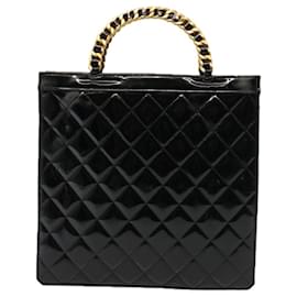 Chanel-CHANEL Matelasse Hand Bag Enamel Black CC Auth 76986-Black