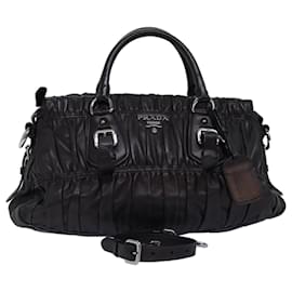 Prada-PRADA Gathered Hand Bag Leather 2way Black BN1407 Auth yk12897-Black