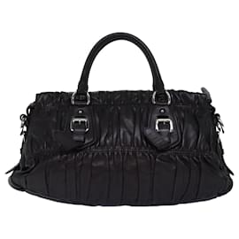 Prada-PRADA Gathered Hand Bag Leather 2way Black BN1407 Auth yk12897-Black