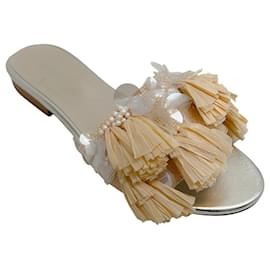 Autre Marque-Delpozo Raffia Slide Sandals with Pailettes and Pearls-Beige