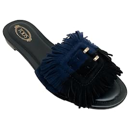 Tod's-Tod's Black / Navy Blue Suede Fringe Buckle Sandals-Navy blue
