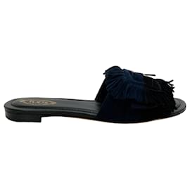 Tod's-Tod's Black / Navy Blue Suede Fringe Buckle Sandals-Navy blue