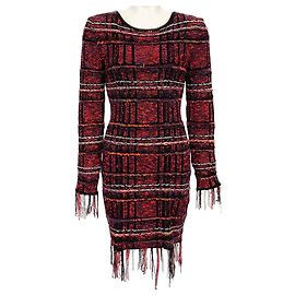 Balmain-Rot / Schwarzes kariertes Tweedkleid mit Fransen Rot