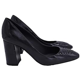 Bottega Veneta-Bottega Veneta Intrecciato Detail Block Heel Pumps in Black Patent Leather-Black