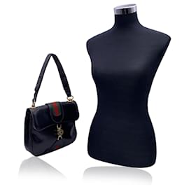 Gucci-Vintage Black Leather Stripes Shoulder Bag Handbag-Black