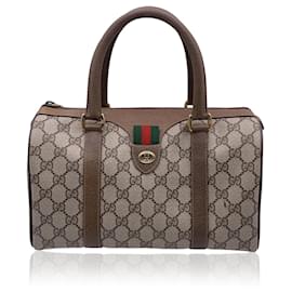 Gucci-Vintage Beige Monogram Canvas Leather Small Web Boston Bag-Beige