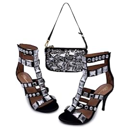 Blumarine-Rhinestones Cage Sandals Heels Shoes with Pouch Bag 37.5-Black