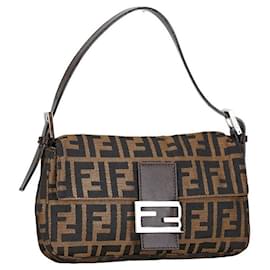 Fendi-Fendi Zucca Canvas Mamma Baguette Bag Sac à bandoulière en toile en bon état-Marron