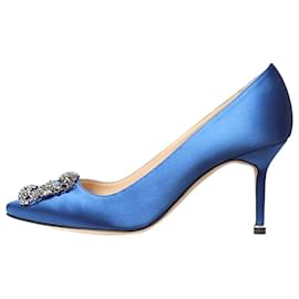 Manolo Blahnik-Blue Nadira satin jewel buckle pumps - size EU 39-Blue