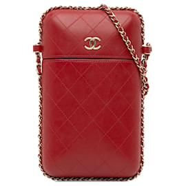 Chanel-Chanel Red CC Quilted Lambskin Chain Around Phone Holder-Red