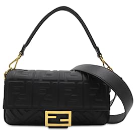 Fendi-Fendi Black Zucca Embossed Baguette Satchel-Black