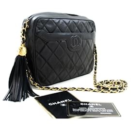 Chanel-CHANEL Vintage gland chaîne sac à bandoulière noir matelassé fermeture éclair agneau-Noir