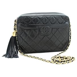 Chanel-CHANEL Vintage Tassel Chain Shoulder Bag Black Quilted Zipper Lamb-Black