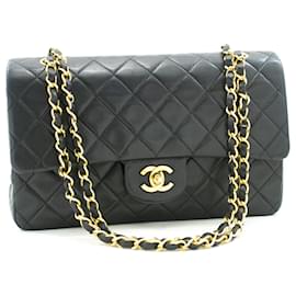 Chanel-Rabat doublé Chanel Classique 10"Sac à bandoulière en chaîne Agneau noir-Noir