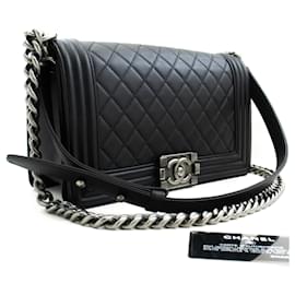 Chanel-CHANEL Boy Chain Shoulder Bag Black Quilted Flap calf leather Leather-Black