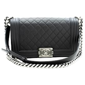Chanel-CHANEL Boy Chain Shoulder Bag Black Quilted Flap calf leather Leather-Black