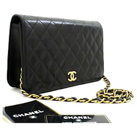 Chanel-CHANEL Pochette de sac à bandoulière en chaîne à rabat intégral en cuir d'agneau matelassé noir-Noir