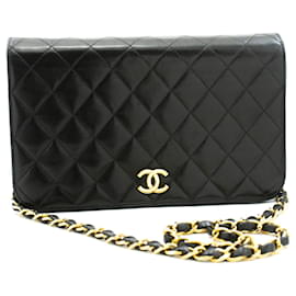 Chanel-CHANEL Full Flap Chain Shoulder Bag Clutch Black Quilted Lambskin-Black