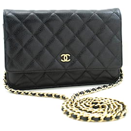 Chanel-CHANEL Caviar Wallet On Chain WOC Black Shoulder Bag Crossbody-Black