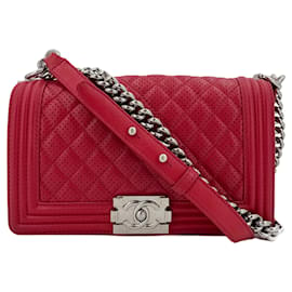 Chanel-Boy Medium Perforated Lambskin Leather Flap Bag Raspberry-Red