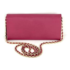 Prada-Prada Metal Saffiano  Fuchsia Pink Leather Wallet on a Chain Clutch-Pink