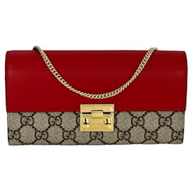 Gucci-Gucci GG Supreme Continental Wallet on a Chain Red Pink Clutch-Brown