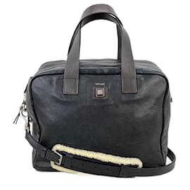Céline-Celine Black Leather Handle Bag Vintage Briefcase messenger Bag-Black
