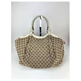 Gucci-Gucci Sukey Large Monogram GG Canvas White Hand Bag Tote-Brown