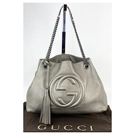 Gucci-Gucci Metallic Pewter Pebbled Soho Medium Chain Tote Shoulder Hobo bag Pre owned-Golden,Metallic