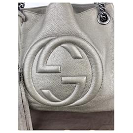Gucci-Gucci Metallic Pewter Pebbled Soho Medium Chain Tote Shoulder Hobo bag Pre owned-Golden,Metallic