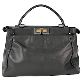 Fendi-Fendi Black Iconic Peekaboo Zucca Lined Medium Shoulder Bag-Black