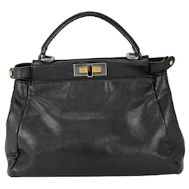Fendi-Fendi Black Iconic Peekaboo Zucca Lined Medium Shoulder Bag-Black