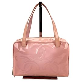 Chanel-Chanel Triple CC Logo Medium Pink Patent Leather Tote Shoulder Bag Pre owned-Pink