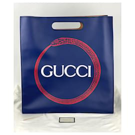 Gucci-Gucci XL Printed Blue Leather Tote Shopping Bag Red Snake Authentic Preowned-Blue