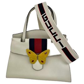 Bolsa de mão com alça superior GUCCI Linea Medium Totem Web listrada amarela de borboleta Marrom