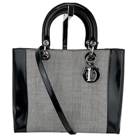 Christian Dior-Christian Dior Grand sac à main en toile et cuir verni noir Lady-Noir