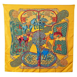 Hermès-HERMES CARRE 90 Art des Steppes  Canvas Scarf in Good condition-Yellow