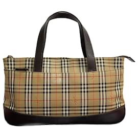 Burberry-Burberry Haymarket Check Canvas- und Lederhandtasche in gutem Zustand-Braun