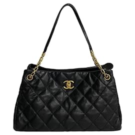 Chanel-Sac cabas en cuir cabas à chaîne rétro matelassé Chanel CC en excellent état-Noir