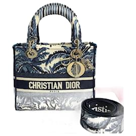 Dior-Dior mittelgroße, bestickte Lady D-Lite Bag Umhängetasche aus Canvas in ausgezeichnetem Zustand-Blau