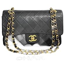 Chanel-Chanel Small Classic Double Flap Bag  Leather Handbag in Very Good Condition-Black