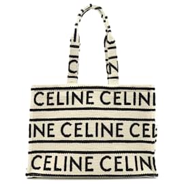 Céline-Celine White Large Cabas Thais Tote-Black,White